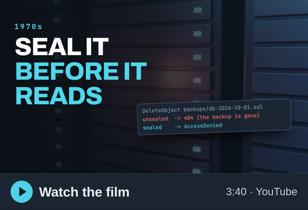 Watch the film on YouTube: Seal it before it reads, 3 minutes 40 seconds. The same delete, gone with the standing key and AccessDenied with the sealed one.